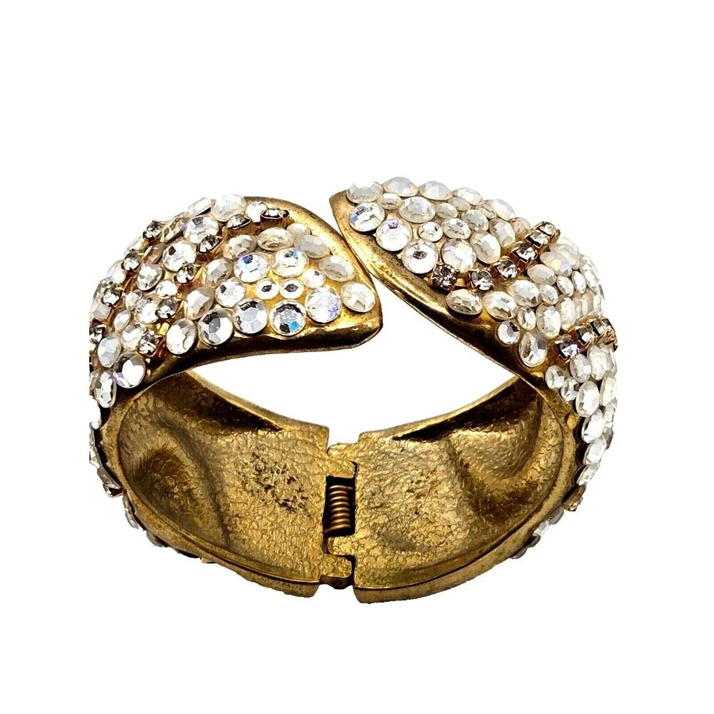 Vintage 1980s hinged cuff bracelet rhinestones and crystal pave gold tone chunky